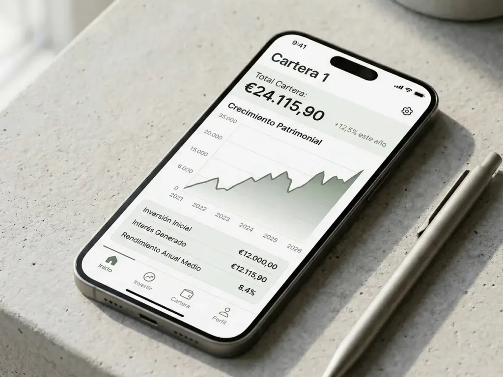 App de inversiones con cartera financiera y gráfico de crecimiento patrimonial.