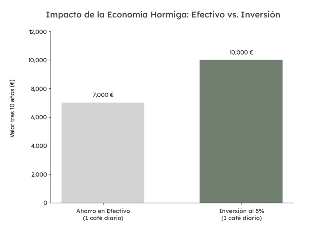 Gráfico de economía hormiga comparando ahorro en efectivo vs. inversión en euros