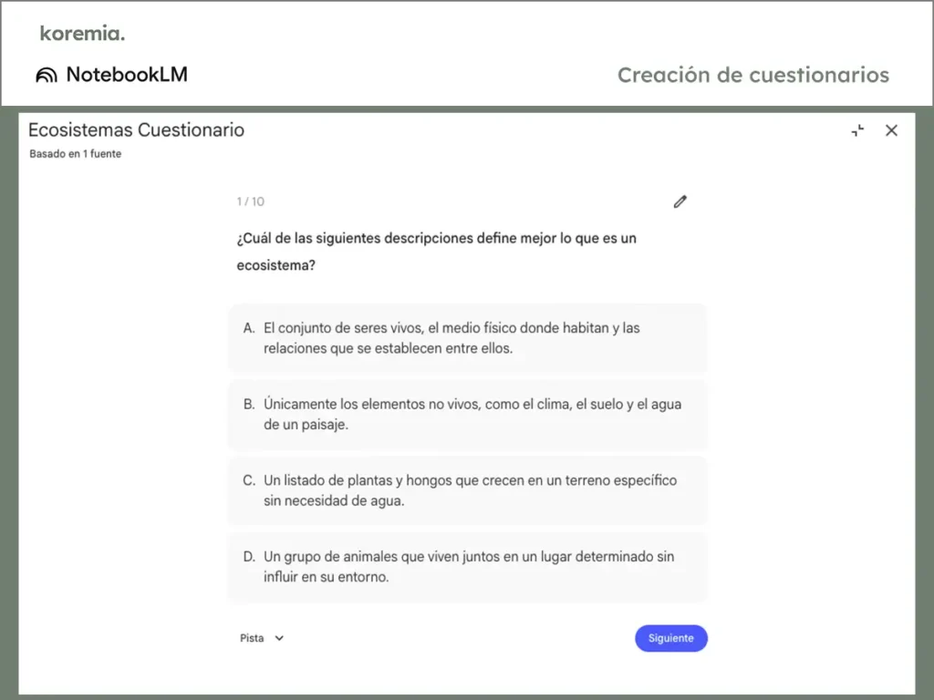 NotebookLM de Google mostrando la creación de un cuestionario interactivo