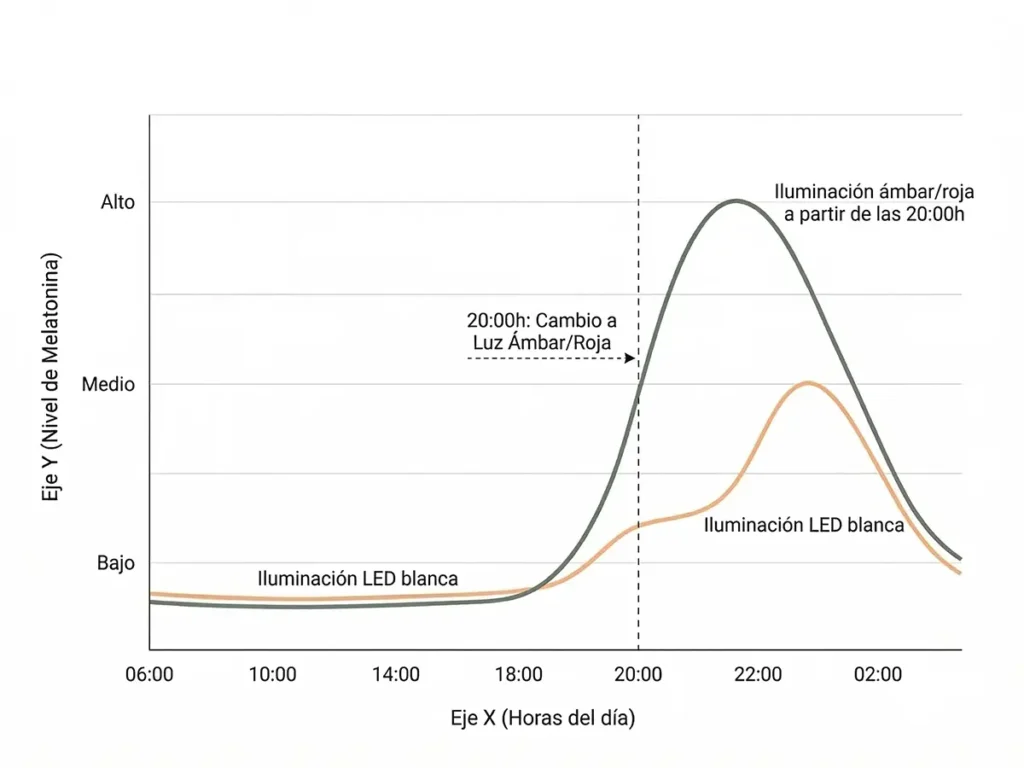 Gráfica comparativa de producción de melatonina y el impacto de luz LED blanca.