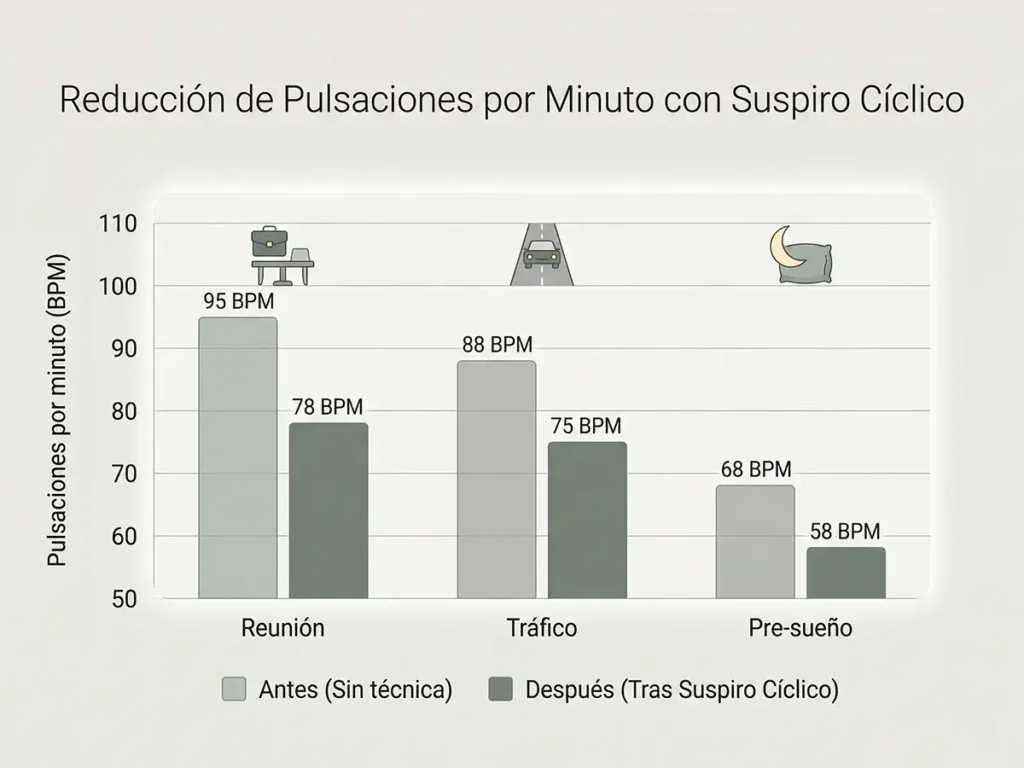 Gráfica reducción pulsaciones por minuto con suspiro cíclico