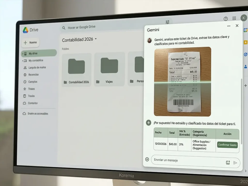 Pantalla muestra la interfaz de Google Drive (v2026) escaneando ticket de la compra