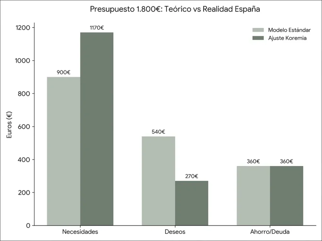 Gráfica de barras ingreso neto personal de 1.800€ distribuido en las tres categorías. 
