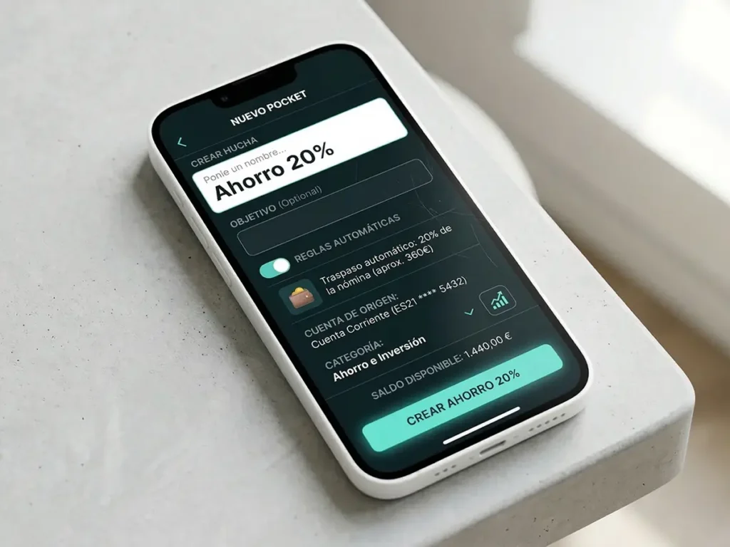 Configuración de hucha bancaria para ahorro automático del 20% en smartphone