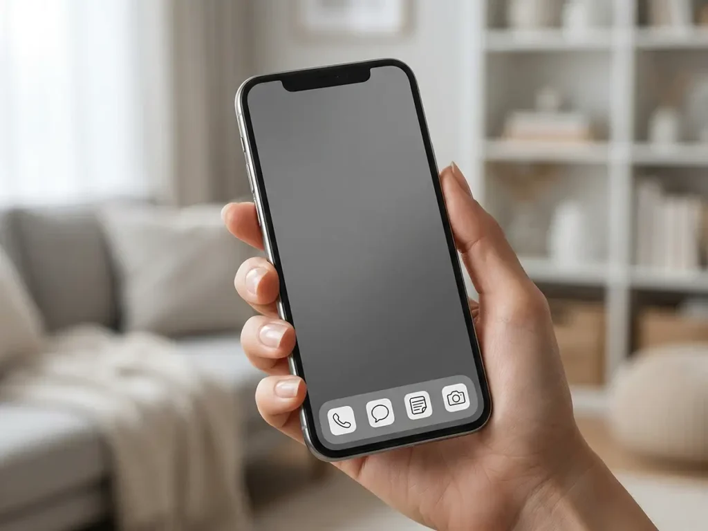 Pantalla de inicio de móvil minimalista con iconos básicos para reducir la distracción digital.