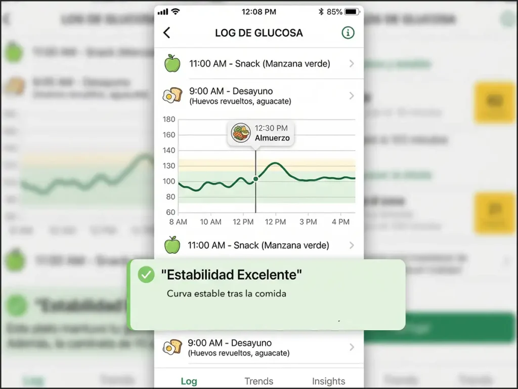 Pantalla de aplicación móvil mostrando estabilidad glucémica tras una comida.
